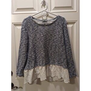 RXB Blouse Women's XL Blue White Knit Layered Look Long Sleeve Eyelet Detail EUC